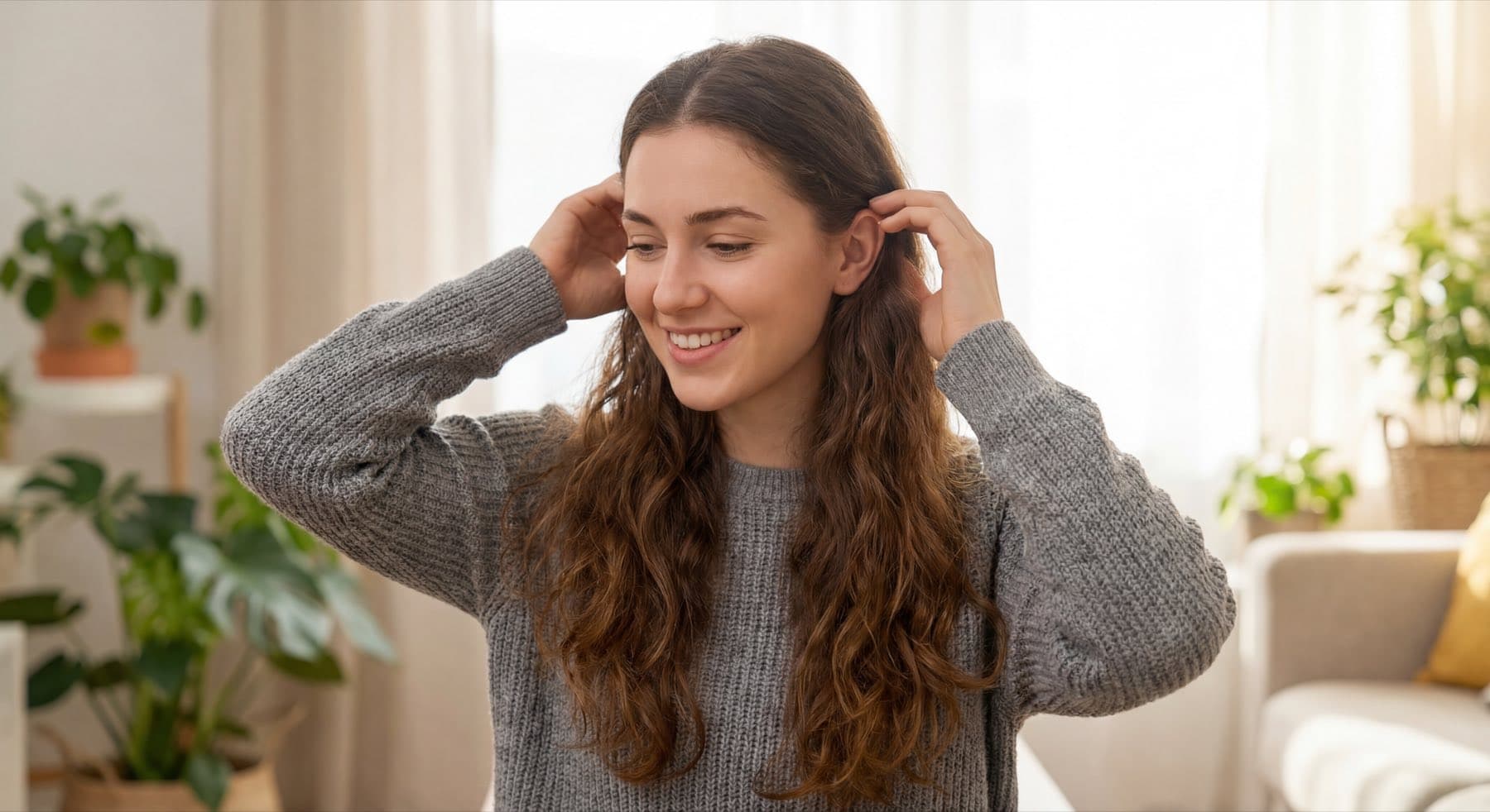 Person preparing for passport photo by removing glasses in front of a plain wall