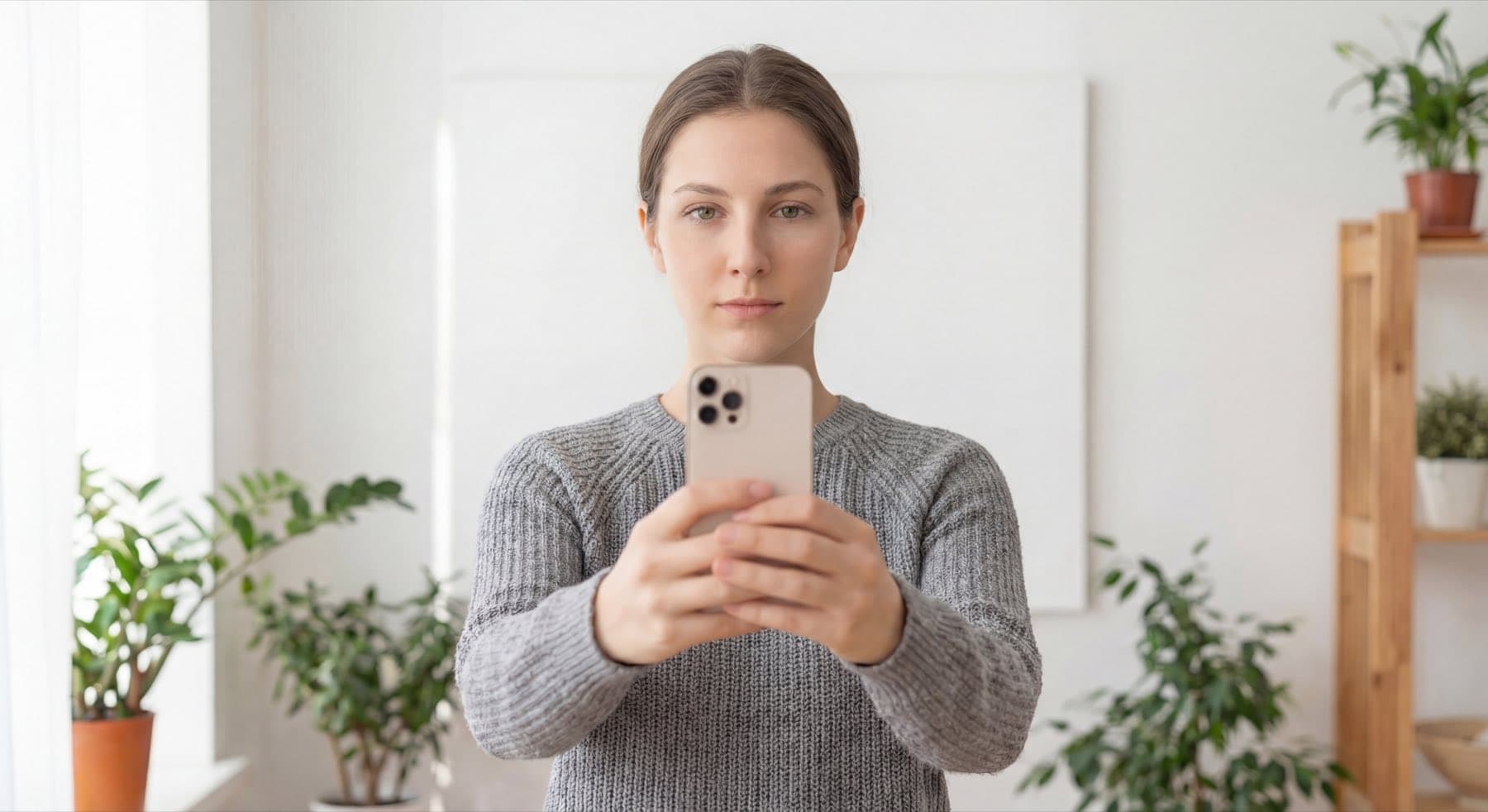 Person taking passport photo with even lighting, plain background, and straight posture