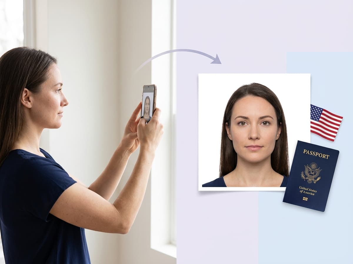 Passport photo workflow placeholder slide with selfie and final passport portrait