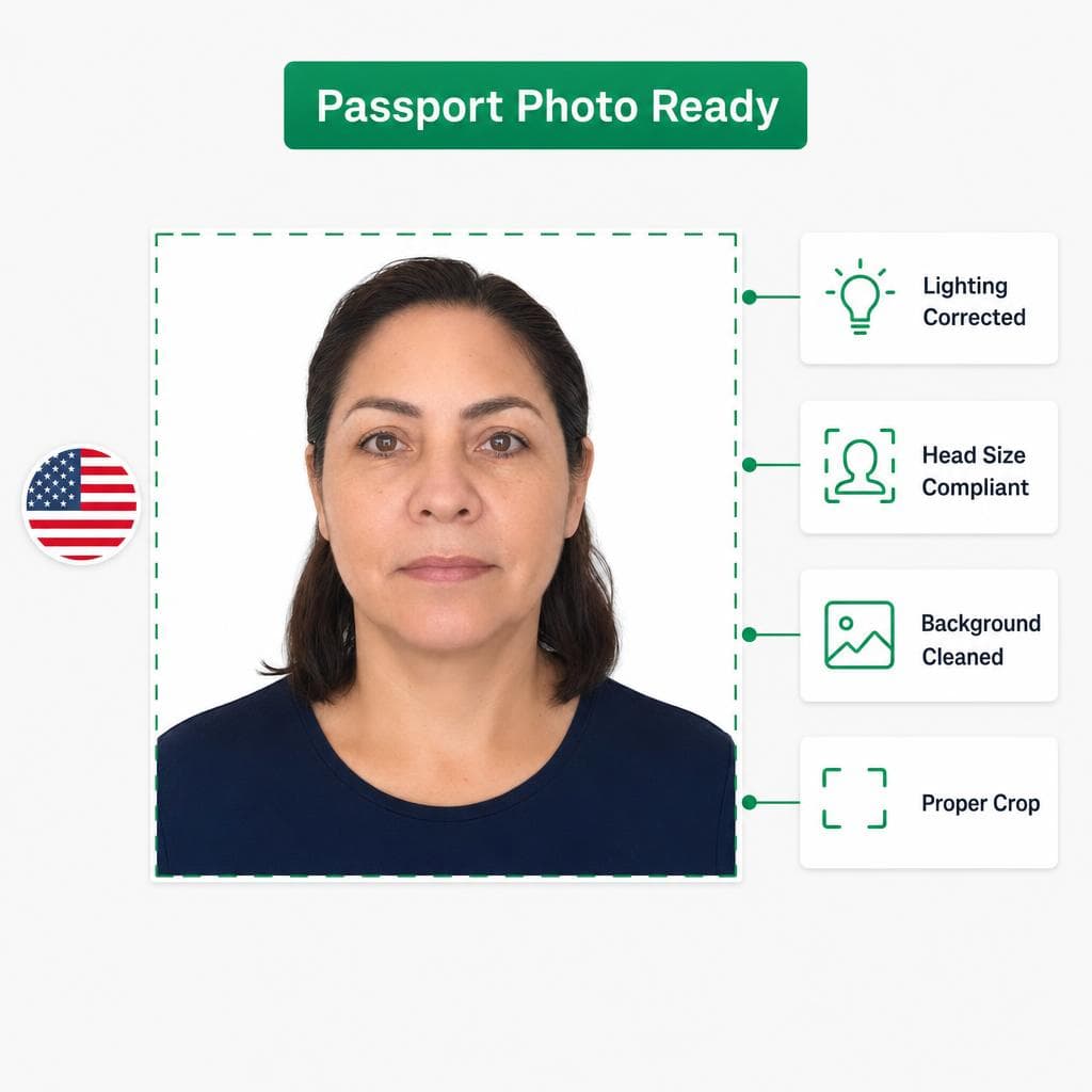Illustration of passport photo processing with background cleanup and compliance checks
