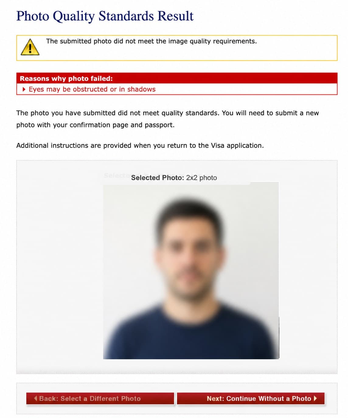 Example DS-160 result screen showing the "Eyes may be obstructed or in shadows" photo error