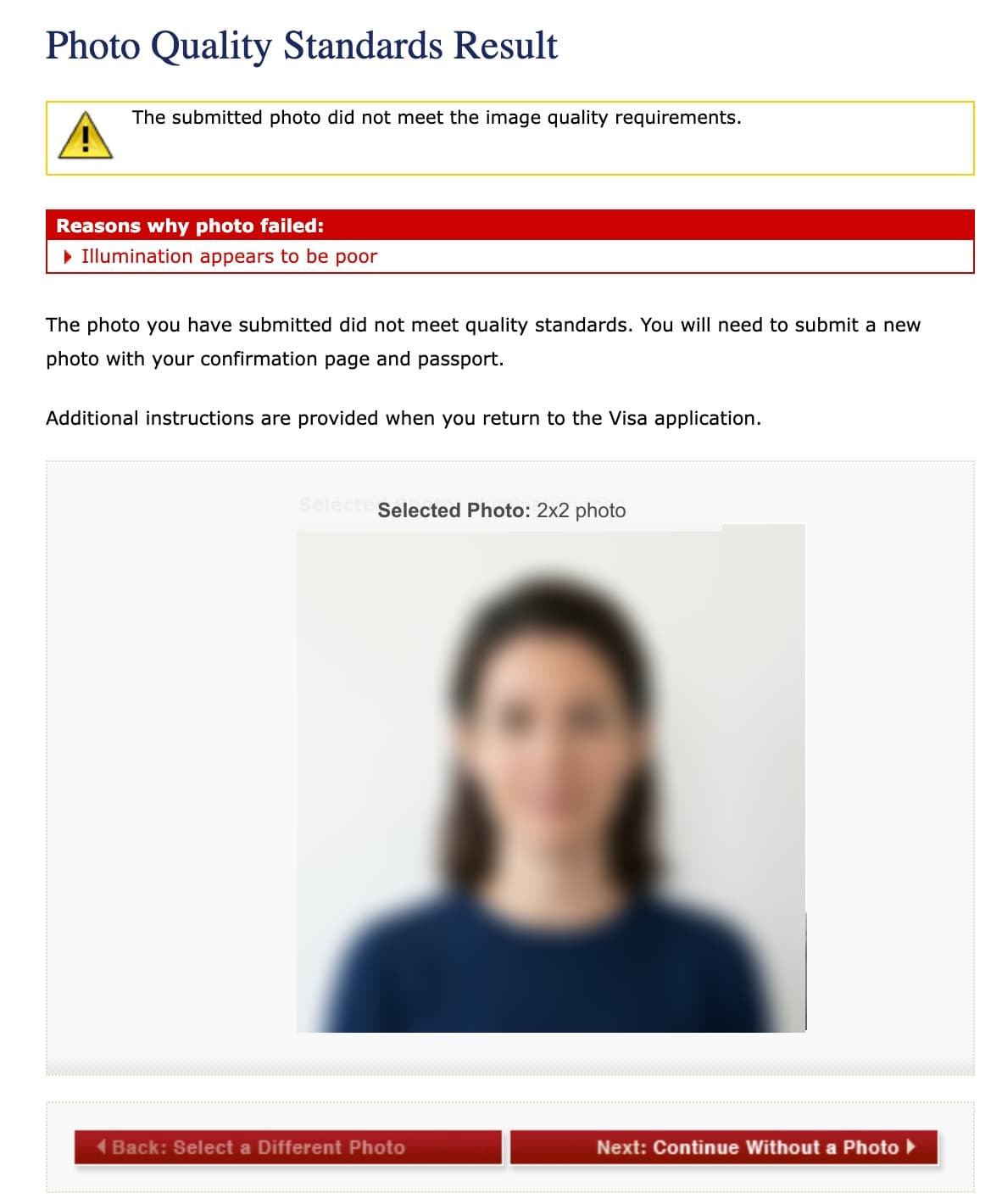 Example upload-result screen showing the "Illumination appears to be poor" error with a blurred sample portrait