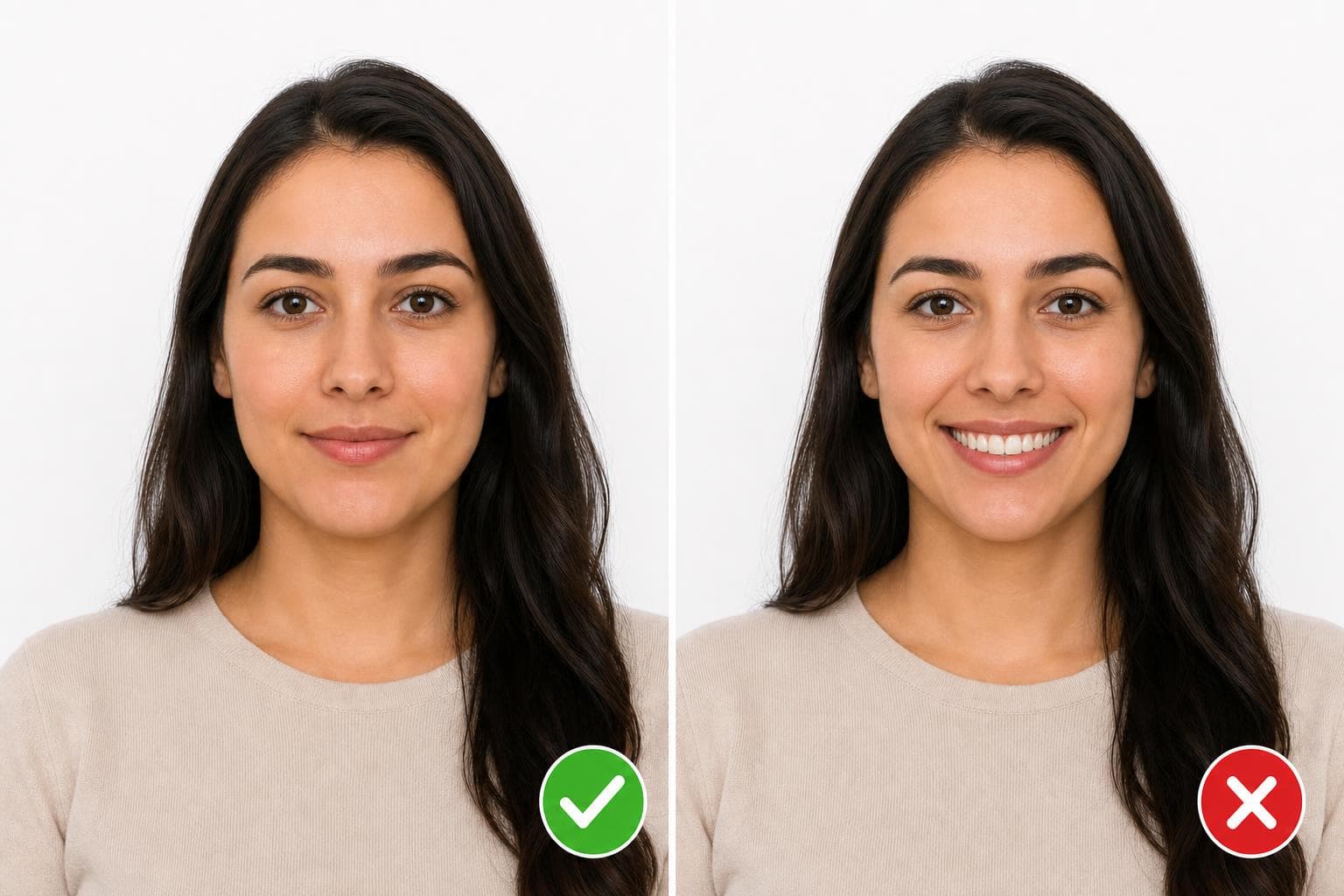 Split comparison of an acceptable closed-mouth passport photo smile and a rejected teeth-showing smile
