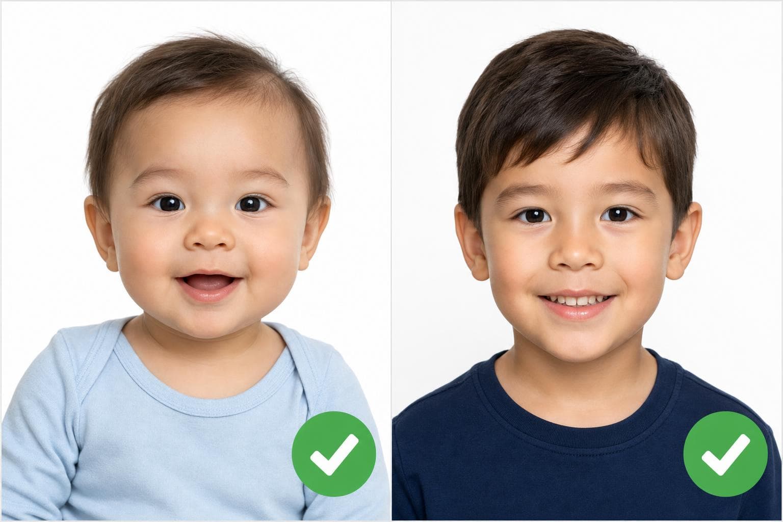 Two acceptable child passport photo smile examples with check marks